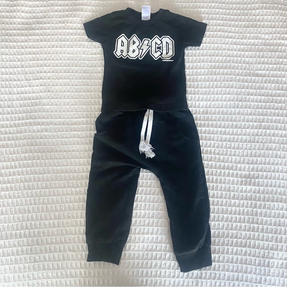 12M kids black sweatpants and Rabbit Skins tee